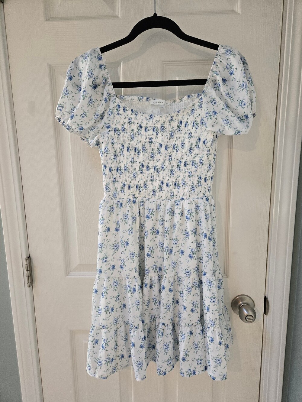 NWOT Altar'd State Blue & White Puff Sleeve Mini Dress Size S